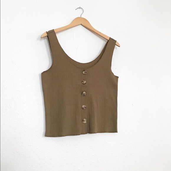 90s Vintage Brown Scoop Neck Ribbed Tank w/buttons - Picture 5 of 6